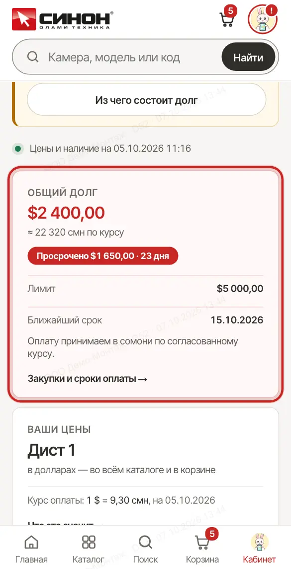 Карточка «Общий долг» в кабинете дилера (демо-данные)
