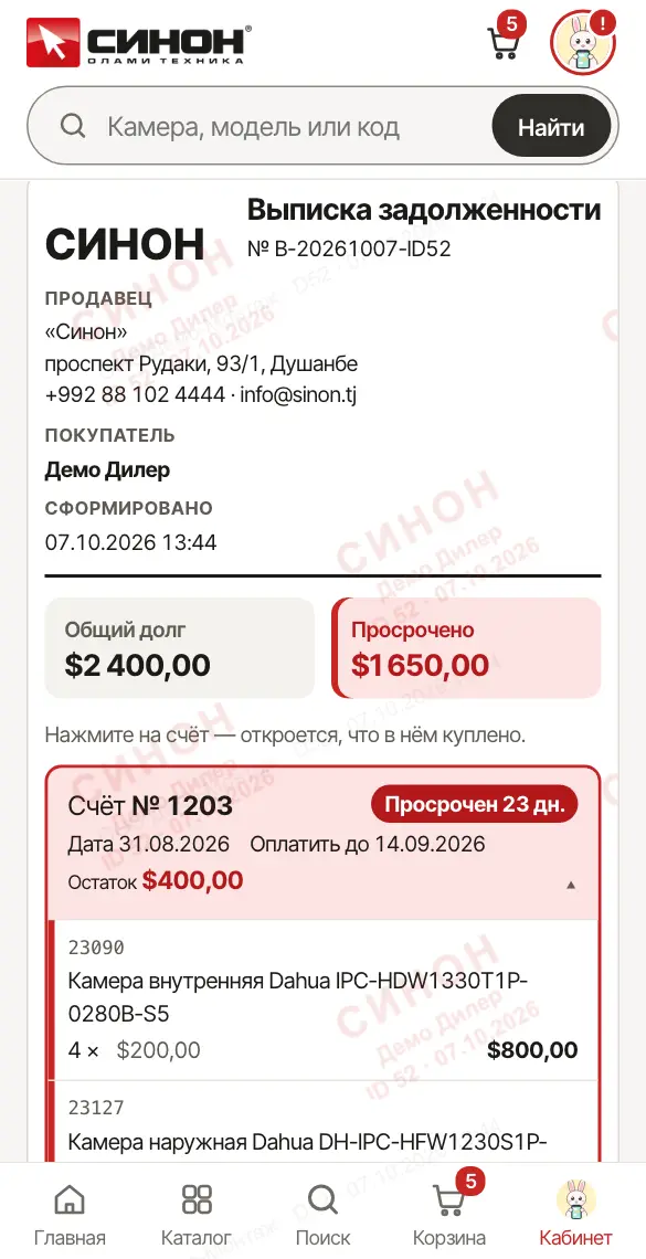 Выписка задолженности: общий долг и просрочка (демо-данные)